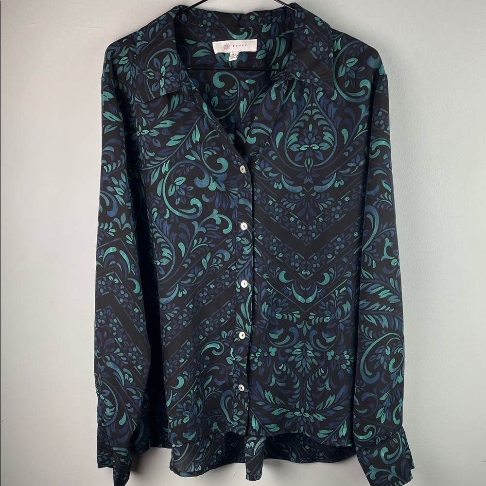 Fever Long Sleeve Button-Front Blouse in Teal Scroll Print Size XL